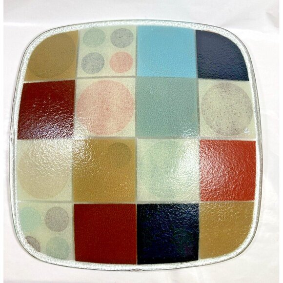 Peggy Karr Fused Art Glass Square Plate Platter Geometric Modern Metro Signed - Picture 6 of 7